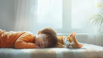 ai généré une bambin pacifiquement sieste avec une chat dans une moderne, rempli de lumière chambre, mettant en valeur le harmonieux liaison entre enfant et animal de compagnie dans une confortable et détendu environnement. photo