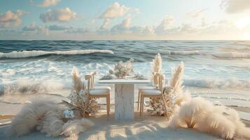 ai généré une blanc marbre table ensemble en haut pour une maquette contre le toile de fond de une romantique plage mariage réception, avec doux sable, doux vagues, et rêveur côtier décor. photo