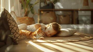 ai généré une bambin pacifiquement sieste avec une chat dans une moderne, rempli de lumière chambre, mettant en valeur le harmonieux liaison entre enfant et animal de compagnie dans une confortable et détendu environnement. photo