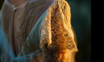 ai généré fermer de perler et paillettes sur une mariage robe. mariage robe dans le Matin lumière du soleil. proche en haut de mariage robe photo