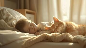 ai généré une bambin pacifiquement sieste avec une chat dans une moderne, rempli de lumière chambre, mettant en valeur le harmonieux liaison entre enfant et animal de compagnie dans une confortable et détendu environnement. photo