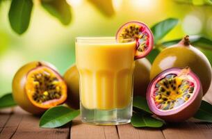 ai généré verre de passion fruit jus sur une en bois tableau, tropical passion fruit, Frais fait maison passion fruit smoothie, vert les plantes sur le arrière-plan, exotique jardin, ensoleillé journée photo