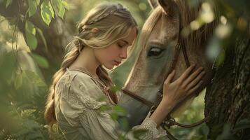 ai généré une femme avec lumière cheveux tendrement embrasser une cheval au milieu de le enchanteur beauté de une forêt. photo