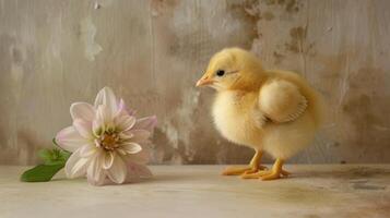 ai généré une très mignonne Jaune poussin permanent contre une captivant lumière monochromatique arrière-plan, avec une délicat fleur proche, création une réconfortant et enchanteur scène de innocence et beauté photo