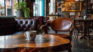 ai généré magnifique solide bois café table comme le focal indiquer, orné avec une fumant tasse de noir café, contre le toile de fond de une magnifiquement décoré café. photo