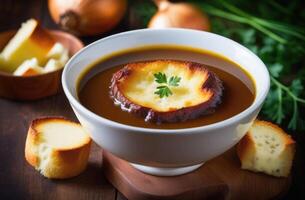 ai généré st. patrick's jour, nationale irlandais cuisine, traditionnel irlandais des pâtisseries, oignon soupe avec irlandais porter et fromage Croûtons, crème soupe avec Croûtons photo