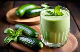 ai généré régime smoothie pour poids perte, en bonne santé vert smoothie fabriqué de concombres, menthe et basilic, biologique des produits, en bonne santé en mangeant et nutrition, détoxifiant vert smoothie photo