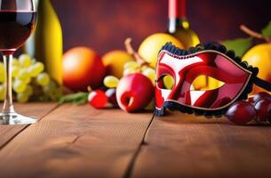 ai généré pourim, traditionnel juif plat, nationale juif cuisine, de fête carnaval masque, bouteille de vin, grappes de raisins, des fruits sur une en bois table photo