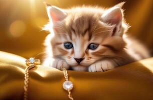 ai généré bijoux publicité, mignonne duveteux rouge chaton, animaux domestiques dans publicité, bijoux salon, or et argent bijoux avec précieux des pierres, La publicité luxe tendance photo