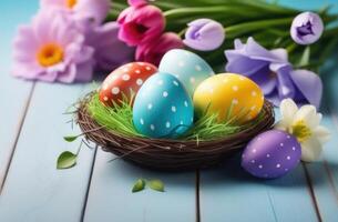 ai généré Pâques, coloré peint des œufs décoré avec ornements et motifs, des œufs dans une osier nid, tulipes et chrysanthèmes, printemps fleurs, en bois bleu Contexte photo