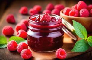 ai généré fait maison confiture avec framboises, une pot de framboise Confiture, sucré dessert fabriqué de Frais baies, baie confiture, fait maison l'automne les préparatifs photo