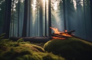 ai généré monde faune jour, international journée de les forêts, forêt les feux, feu dans le forêt, destruction de les forêts, flammes, des arbres sur feu, conifère forêt, ensoleillé journée photo