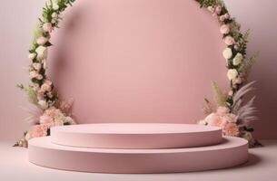 ai généré un vide rond rose podium, un cambre de fleurs, pastel couleurs, une Plate-forme pour affichage produits de beauté et parfums, une modèle pour une étape pour publicité, un vide siège photo