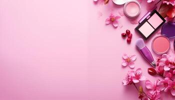 ai généré composition de beauté et faire en haut produits de beauté sur rose studio Contexte photo