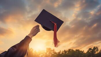 ai généré main lancement l'obtention du diplôme chapeau dans le air célébrer photo