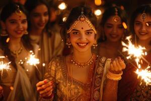 ai généré pieux femme prier au milieu de diwali diyas. Jeune femme dans traditionnel tenue prier avec plié mains, entouré par allumé diwali en terre les lampes. photo