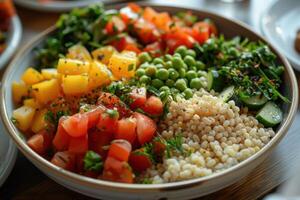 ai généré équilibré repas avec saumon, œufs, et Frais des légumes. nutritif repas composition avec fumé saumon, bouilli œufs, épinard, et mixte des graines sur une foncé surface. monde santé concept. photo