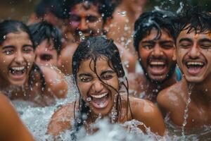 ai généré joyeux femme éclaboussé avec l'eau à Holi festival. Jeune femme en riant comme l'eau gouttelettes éclaboussure autour sa pendant le vibrant Holi festival. photo