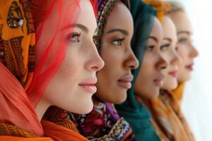 ai généré diverse femmes dans coloré foulards fermer. quatre diverse femmes portant coloré foulards, représentant unité dans diversité. photo