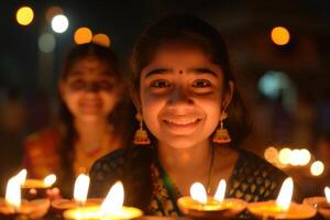 ai généré famille tradition de éclairage diyas sur Diwali. fermer de une Jeune fille éclairage en terre les lampes entouré par sa famille pendant diwali célébrations. photo