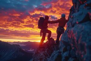 ai généré grimpeurs silhouette contre le coucher du soleil sur océan falaise. deux Roche grimpeurs, silhouette par le réglage soleil, échelle une raide falaise surplombant le océan. photo