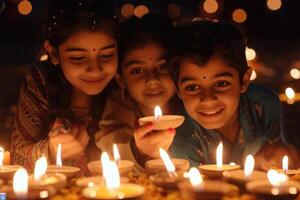 ai généré enfants délice dans diwali bougie éclairage. Trois joyeux les enfants éclairage diwali bougies, leur visages embrasé avec le chaud lumière et festivités. photo