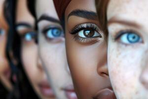 ai généré fermer de aux femmes yeux de diverse arrière-plans. détaillé fermer de aux femmes yeux de diverse arrière-plans, mise en évidence beauté et multiculturalisme. photo