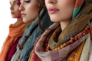 ai généré diverse femmes dans traditionnel chapellerie fermer. une frappant fermer de diverse femmes orné dans coloré traditionnel couvre-chef, mettant en valeur culturel beauté. photo