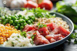 ai généré équilibré repas avec saumon, œufs, et Frais des légumes. nutritif repas composition avec fumé saumon, bouilli œufs, épinard, et mixte des graines sur une foncé surface. monde santé concept. photo