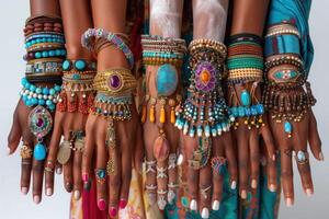 ai généré vibrant mains mettant en valeur traditionnel Indien bijoux. une vibrant fermer de diverse mains orné avec coloré bracelets et anneaux, symbolisant unité et culturel beauté. photo