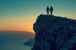 ai généré grimpeurs silhouette contre le coucher du soleil sur océan falaise. deux Roche grimpeurs, silhouette par le réglage soleil, échelle une raide falaise surplombant le océan. photo