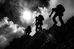 ai généré silhouette randonneurs Ascendant une raide colline à lever du soleil. une groupe de randonneurs, silhouette contre le ciel, vigoureusement monter une raide colline avec le lever du soleil derrière eux. photo