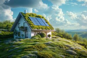 ai généré traditionnel Accueil avec moderne durable technologie. image contrastant une traditionnel maison avec une moderne torsion, avec une vert toit et solaire panneaux, ensemble contre pittoresque paysage. photo