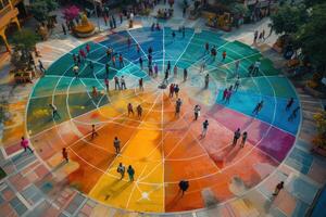 ai généré aérien vue de coloré ville carré rassemblement. aérien vue de communauté membres permanent sur une vibrant, coloré peint ville carré, formant une Humain mandala. photo