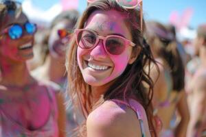 ai généré joyeux Jeune femme portant des lunettes de soleil célébrer Holi festival. fermer de une souriant Jeune femme visage orné avec coloré Holi Festival poudres, exsudant Bonheur. photo