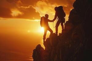 ai généré grimpeurs silhouette contre le coucher du soleil sur océan falaise. deux Roche grimpeurs, silhouette par le réglage soleil, échelle une raide falaise surplombant le océan. photo