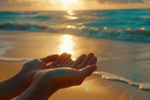 ai généré entrelacés mains capturer lumière du soleil à bord de mer. fermer de mains tenue ensemble contre une magnifique le coucher du soleil plus de le océan. espoir, méditation été Extérieur activité concept. photo