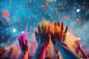 ai généré exubérant Holi fête avec coloré poudre dans air. joyeux mains lancer vibrant Holi poudre vers le ciel, création une dynamique et coloré fête atmosphère. photo