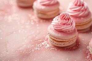 ai généré rose Contexte avec élégant étincelant macarons, copie espace. aux femmes journée. ses une fille toile de fond avec vide espace. bébé douche ou anniversaire invitation, faire la fête. bébé fille naissance annonce. photo