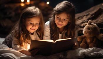 ai généré mignonne les filles souriant, en train de lire heure du coucher histoire, profiter de bonne humeur unité généré par ai photo
