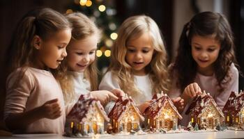 ai généré mignonne les filles souriant, décorer pain d'épice loger, profiter Noël ensemble généré par ai photo