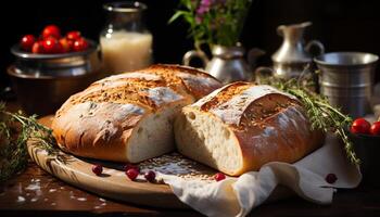 ai généré fraîchement cuit fait maison pain ciabatta sur rustique en bois table généré par ai photo