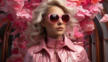 ai généré une magnifique blond mode modèle dans rose des lunettes de soleil en plein air généré par ai photo