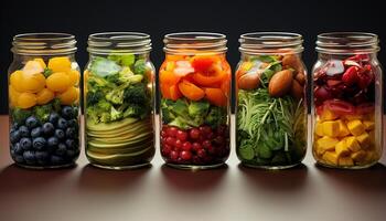 ai généré frais, en bonne santé salade tomate, carotte, brocoli, concombre, grain de raisin généré par ai photo