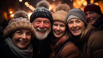 ai généré souriant Hommes et femmes dans chaud Vêtements prendre plaisir hiver en plein air généré par ai photo