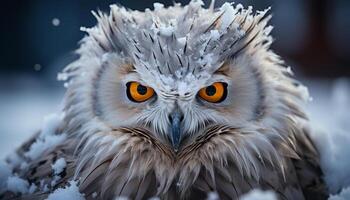 ai généré génial cornu hibou regarder à caméra dans neigeux forêt généré par ai photo