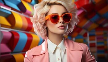 ai généré Jeune femme avec blond cheveux et des lunettes de soleil dégage élégance et charme généré par ai photo