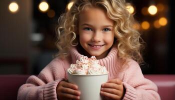 ai généré souriant fille détient Noël lumières, jouit chaud Chocolat par arbre généré par ai photo