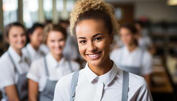 ai généré une groupe de élèves souriant, à la recherche à caméra, à l'intérieur généré par ai photo