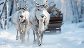 ai généré mignonne cerf traîneaux par neigeux forêt, hiver aventure attend généré par ai photo